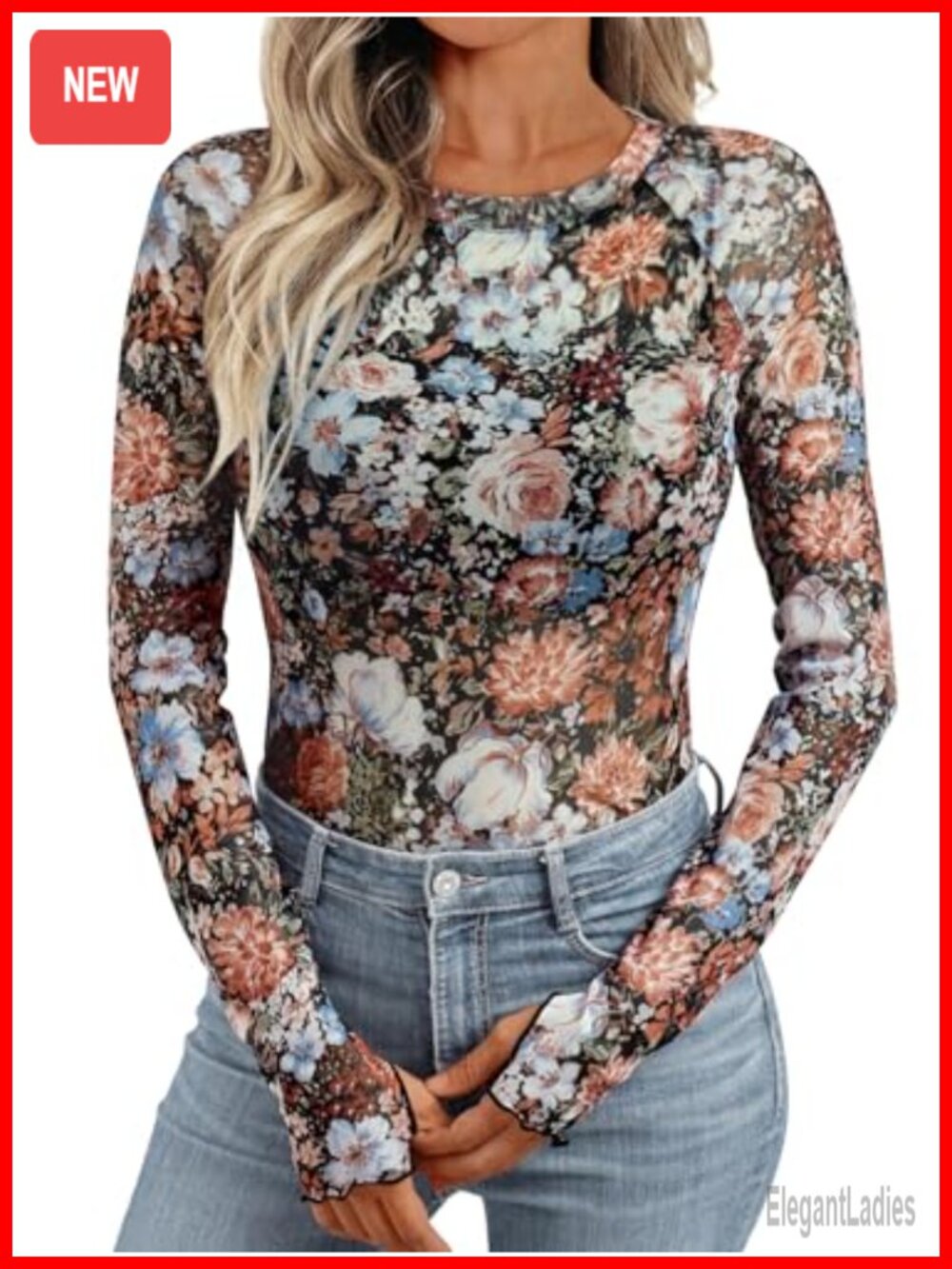 Womens Sheer Mesh Floral Long Sleeve Crew Neck Fitted Top